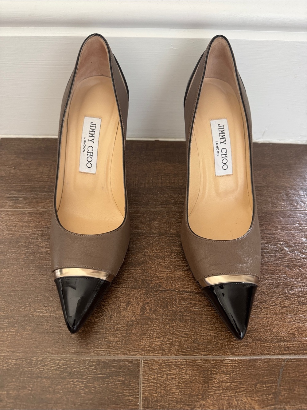 Jimmy Choo Taupe Leather Pumps with Black Patent Toe and Gold Trim